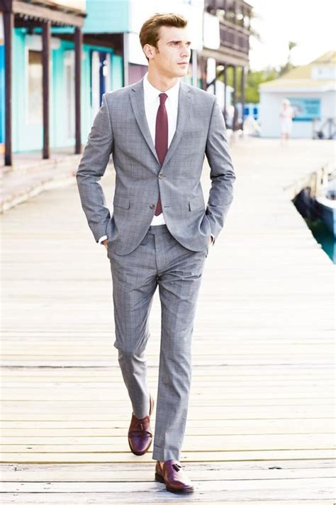 men's grey suit brown shoes.